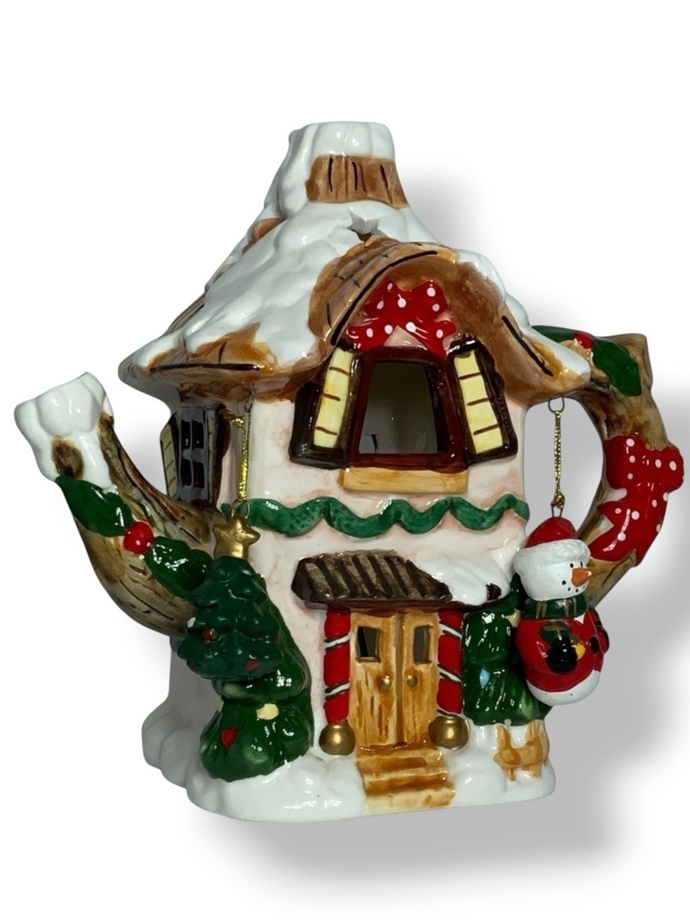 Christmas Candle Holder Teapot Holiday Village Cottage Hand Painted Ceramic